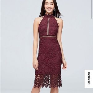 Bardot Short Lace High-Neck Dress with Illusion Details
- Burgundy - Size 8 / M